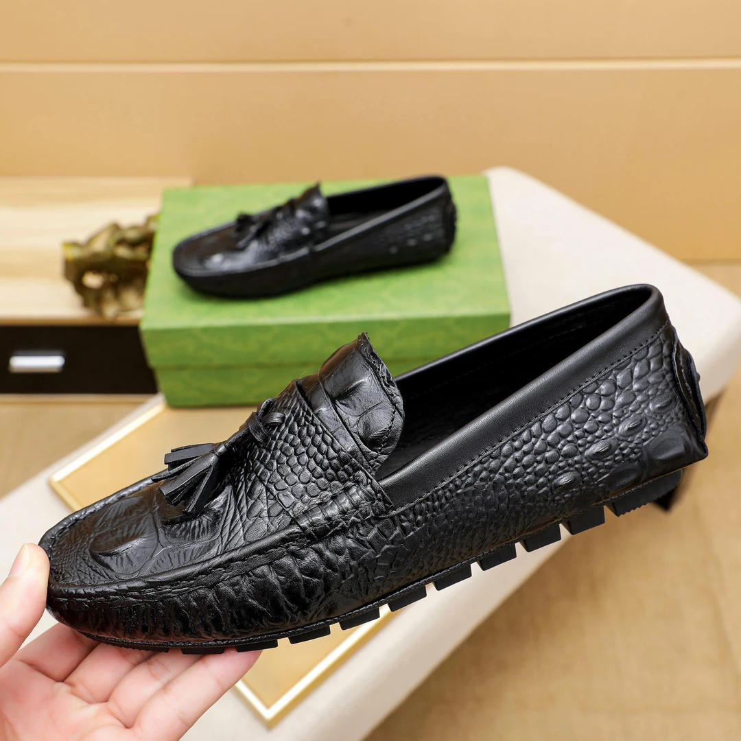 范哲莎夏季流苏鳄鱼纹真皮豆豆鞋男士皮鞋头层牛皮高档一脚蹬休闲