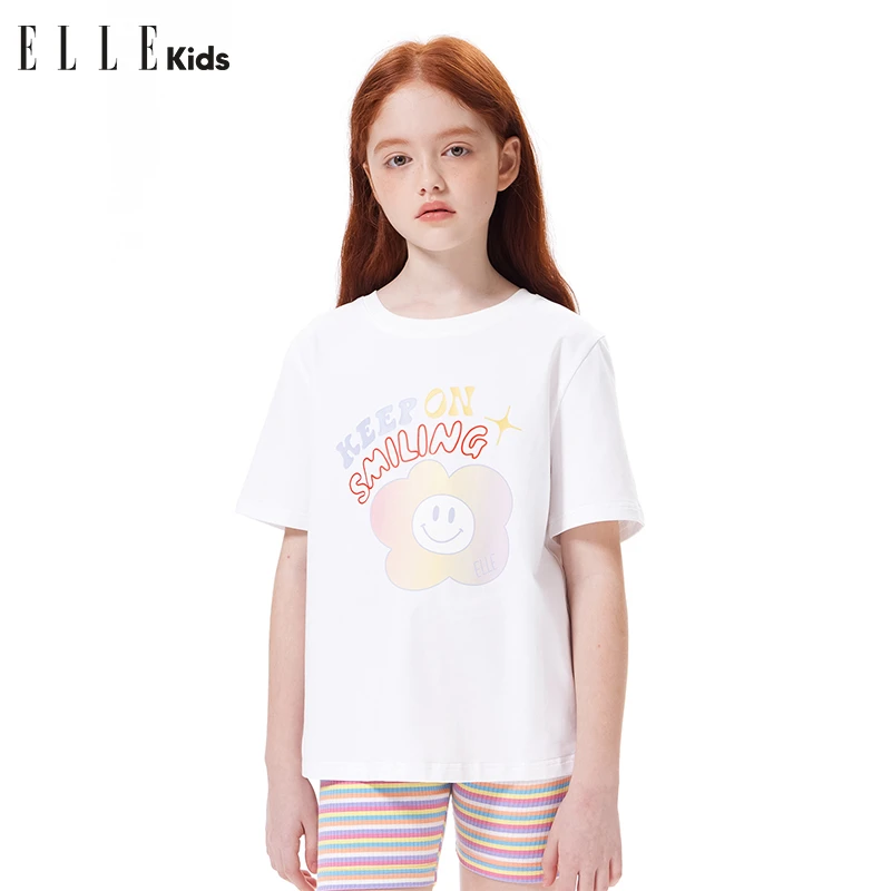 6156 ELLE KIDS幻彩数码印花夏季短袖女童2024夏款百搭童趣T恤A2