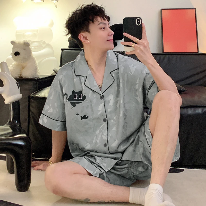 夏季新款2025年冰丝睡衣男款短袖短裤可外穿卡通薄款家居服套装