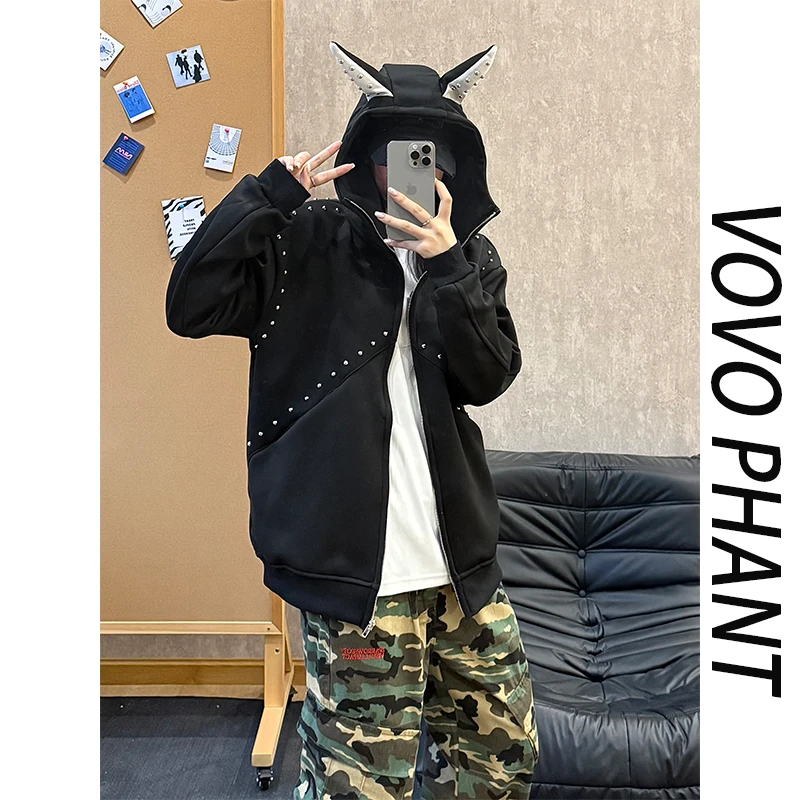 美式铆钉杜宾犬耳朵连帽卫衣男秋冬宽松甜酷风设计感短款开衫外套