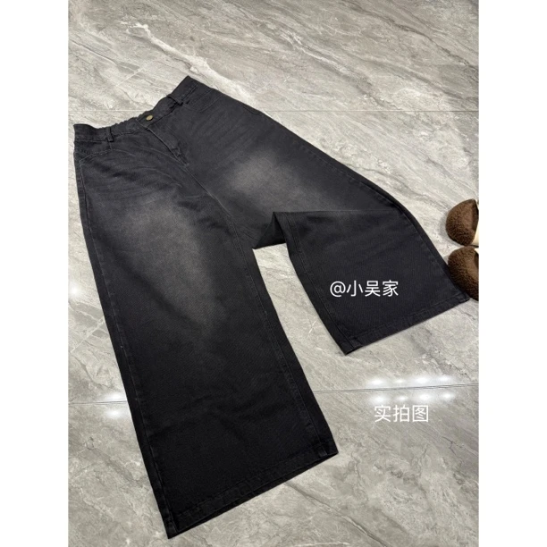 美式高街复古水洗夏季高腰宽松阔腿直筒做旧九分牛仔裤女