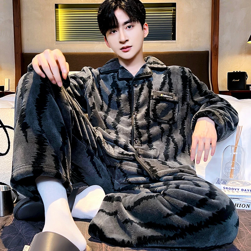 睡衣男秋冬新款法兰绒保暖家居服套装可外穿冬季加厚珊瑚绒爆款