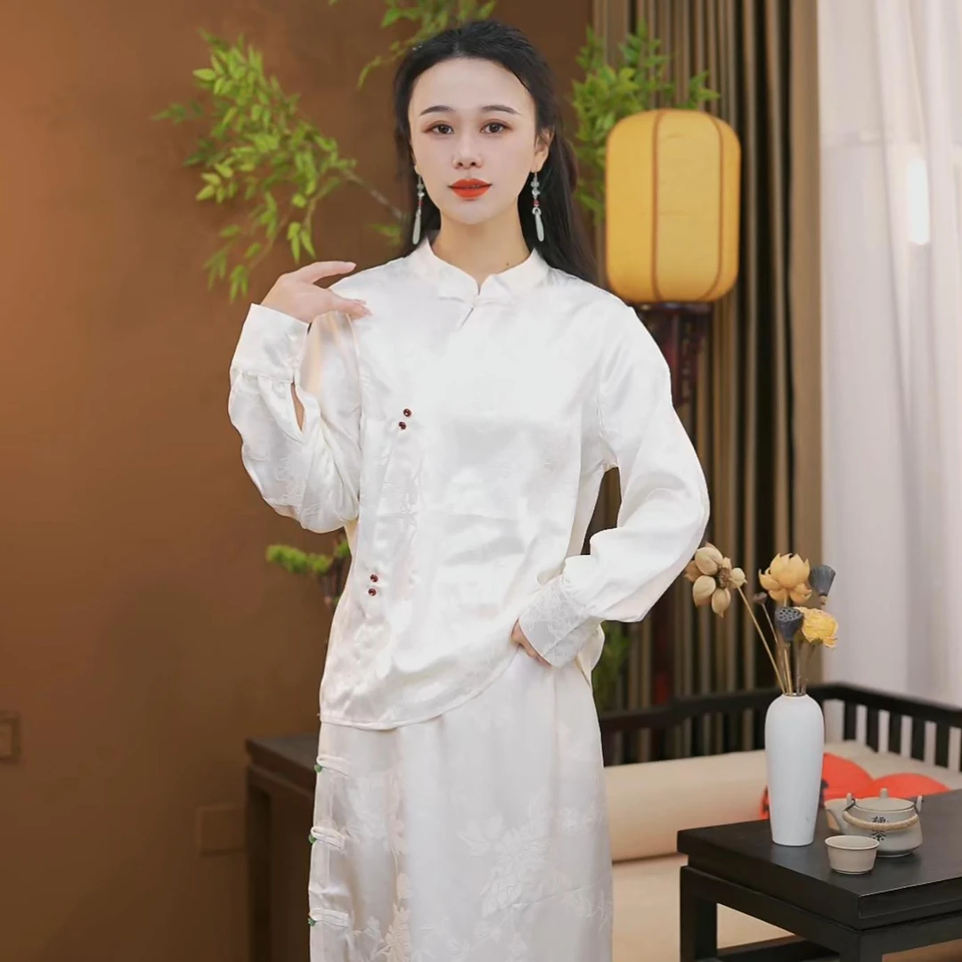 春季新款新中式上衣桑蚕丝高端时尚印花减龄长袖女外套F084