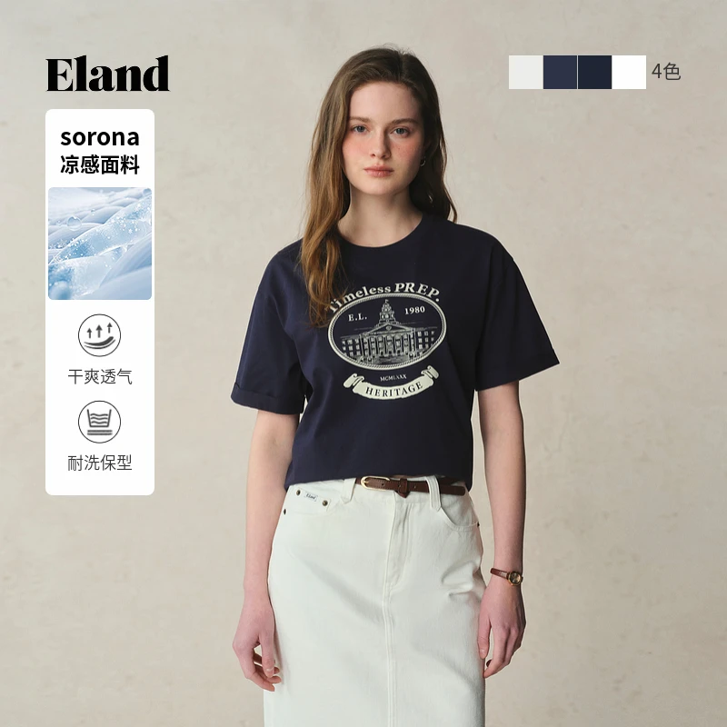 【干爽透气】Eland衣恋美式复古印花女士圆领宽松短袖EERAF24M04