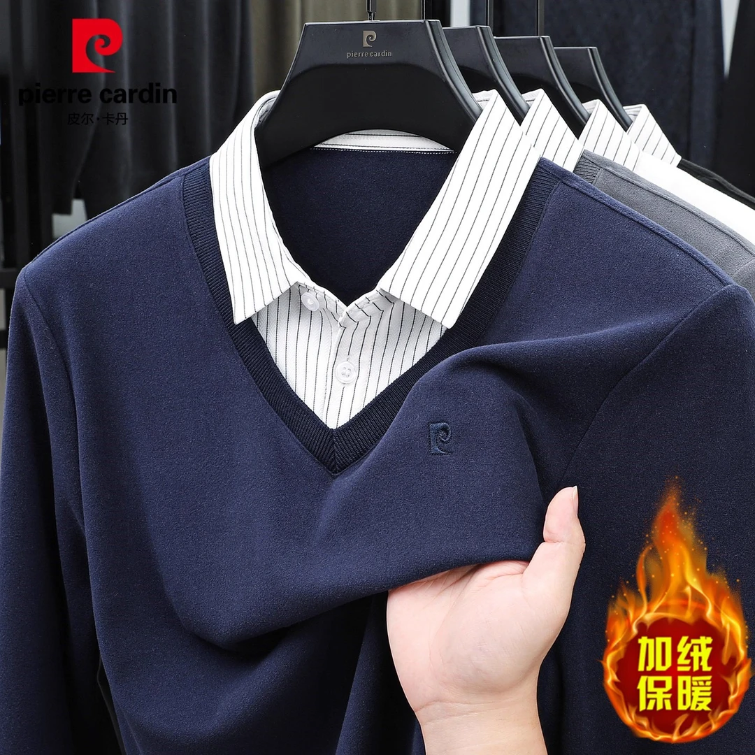 皮尔卡丹假两件卫衣男士秋冬新款宽松休闲加绒慵懒风打底衫男装