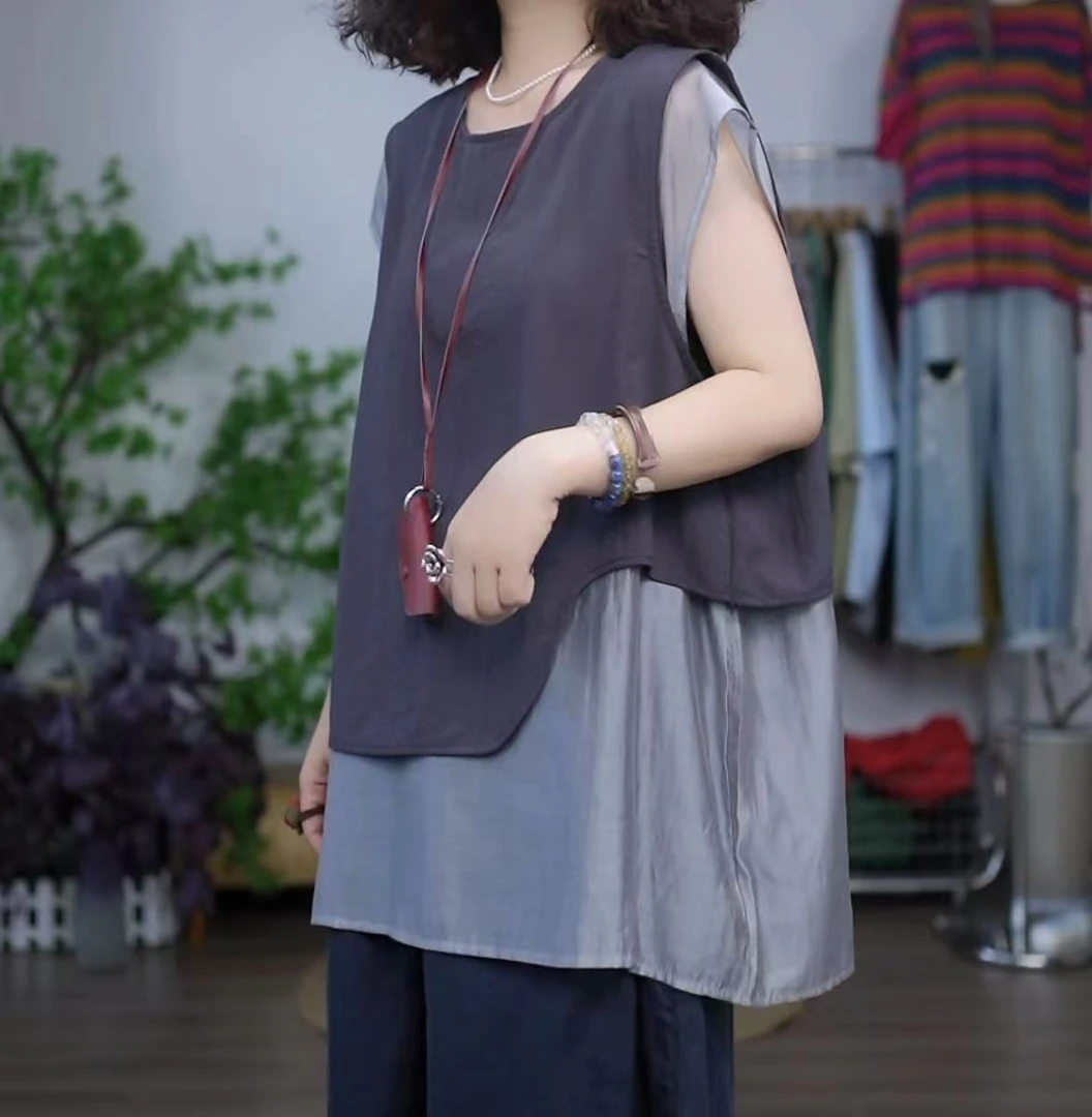 【若汐女装】夏季新款时尚圆领拼接无袖设计百搭显瘦假两件上衣7585