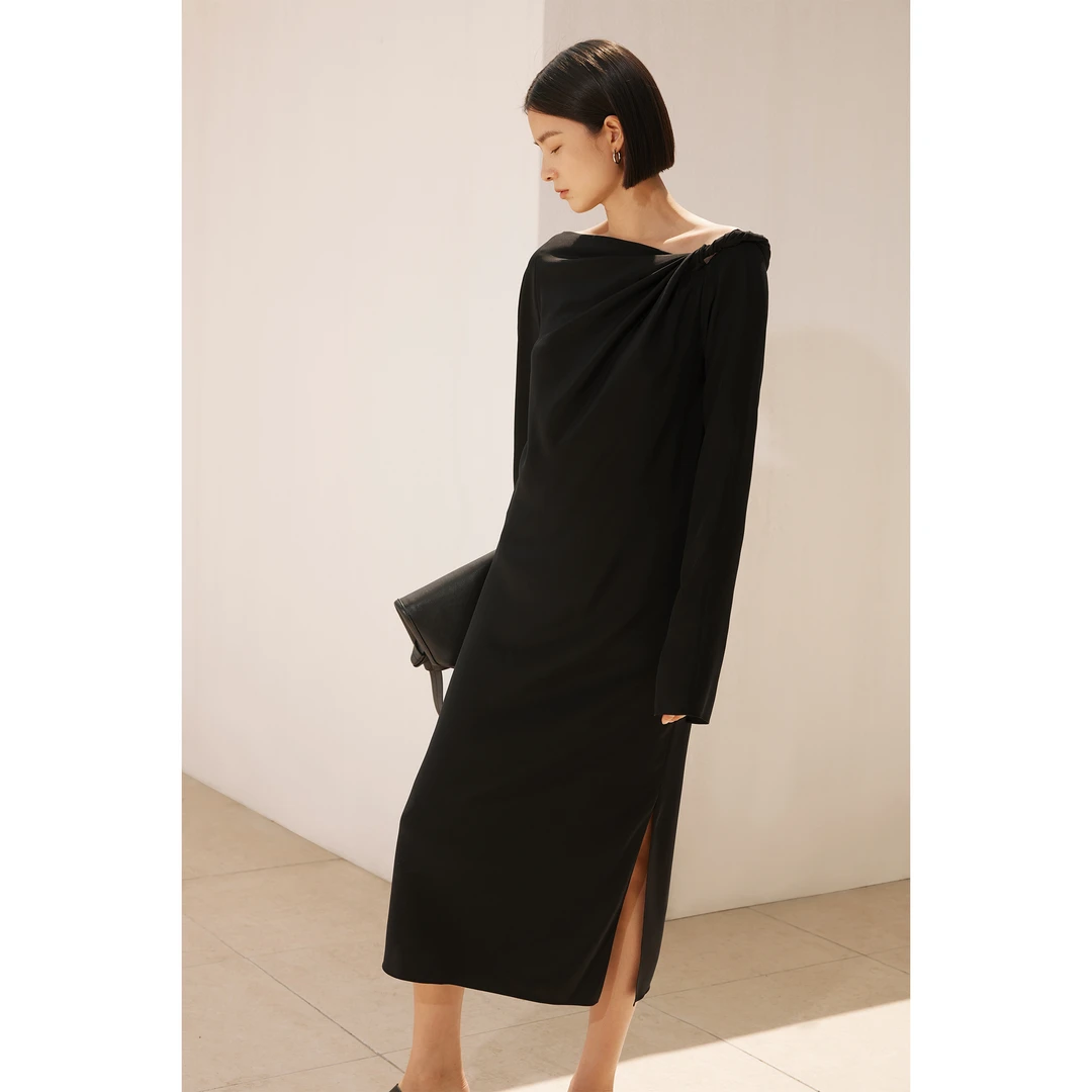 JOC专柜重磅弹力重绉 随性静奢多穿法立体纽结斜肩连衣裙