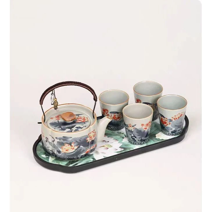 龙窑茶器  汝窑豆青-提梁壶-荷花+4杯+盘  2781  （B）