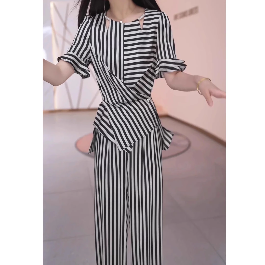 条纹拼接气质百搭两件套夏季新款上衣阔腿裤减龄百搭洋气大码套装