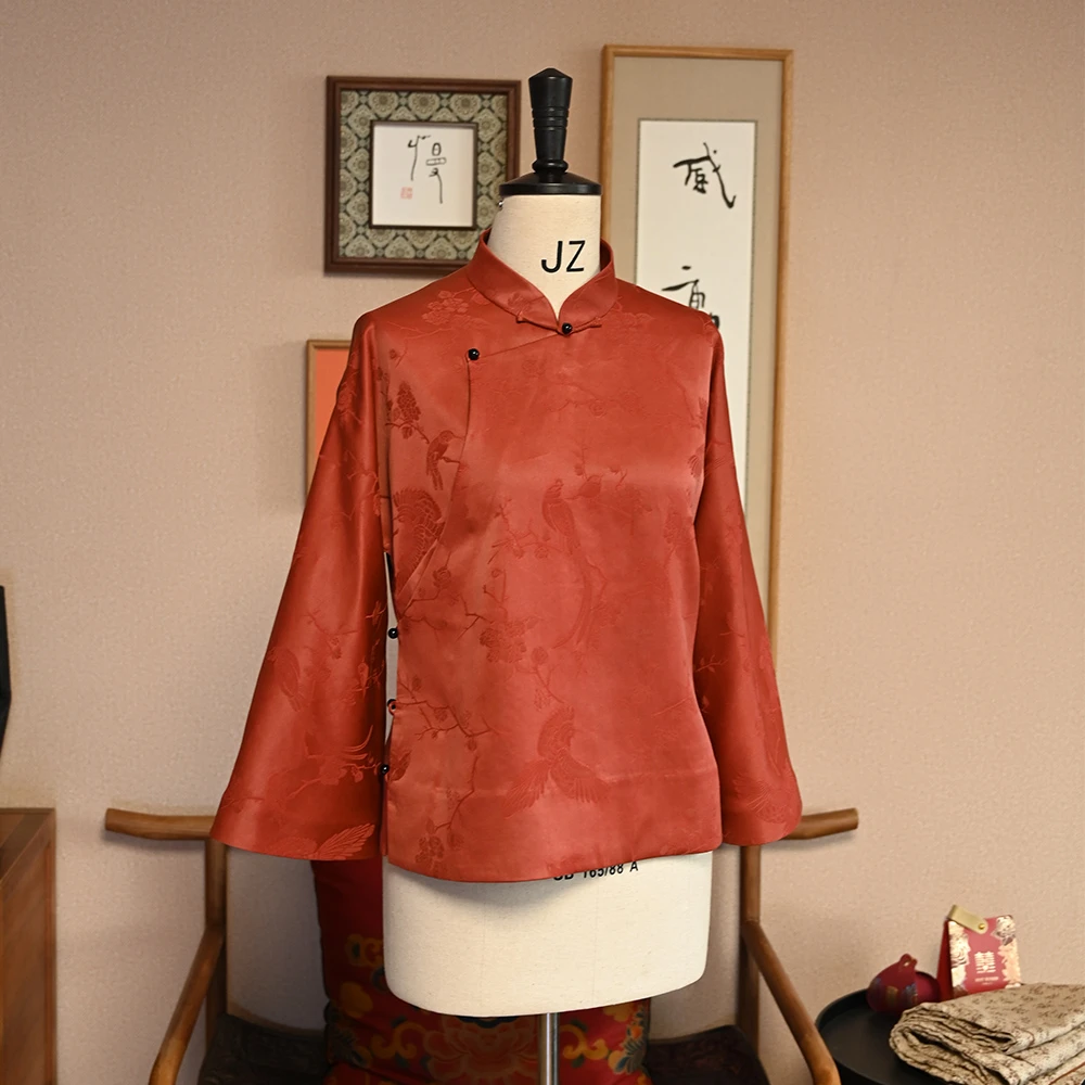 40姆米提花重缎香云纱上衣 气质长袖新中式女装 复古春季斜襟