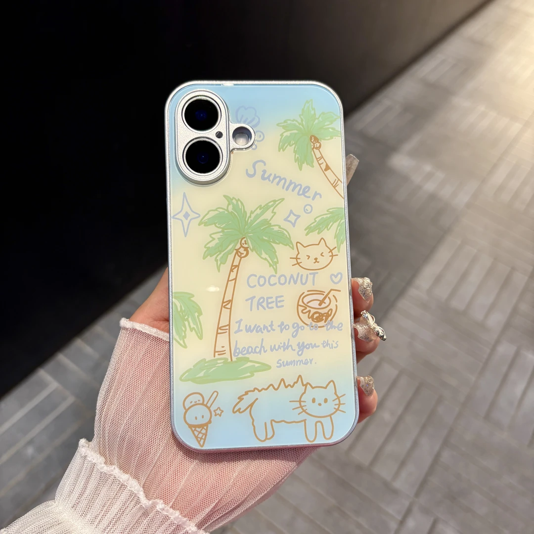 苹果/华为/oppo/vivo/小米 summer椰子树适用iPhone16玻璃手机壳
