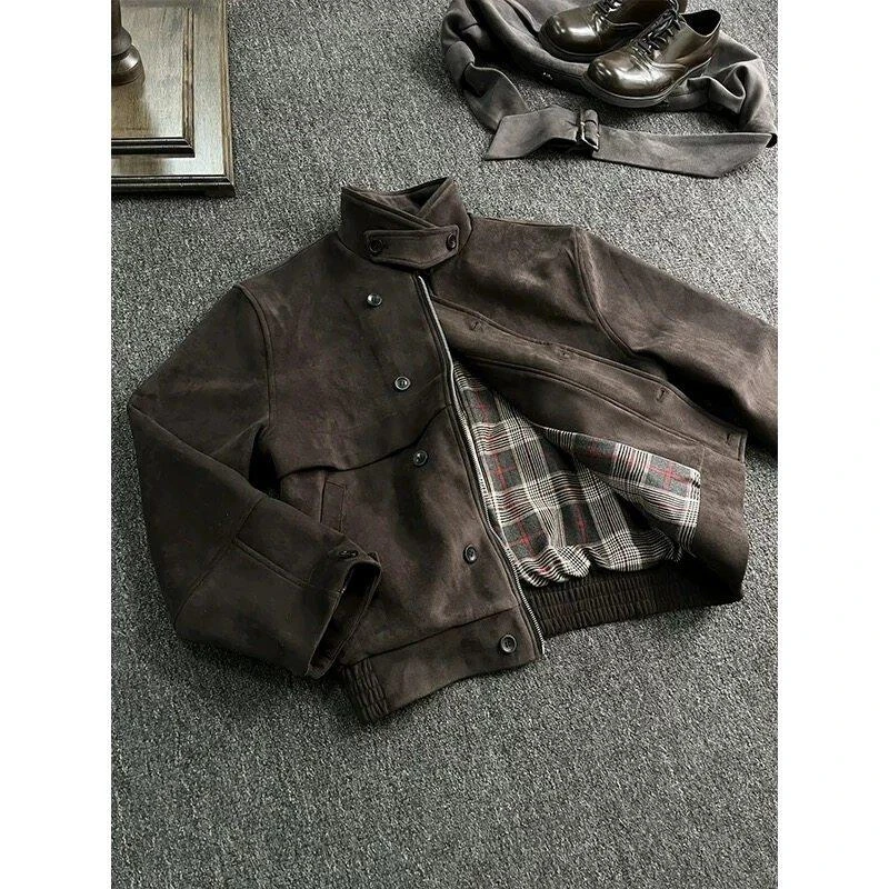 巴恩风摩卡猎装短款麂皮绒夹克外套男款美式复古工装翻领夹克短款
