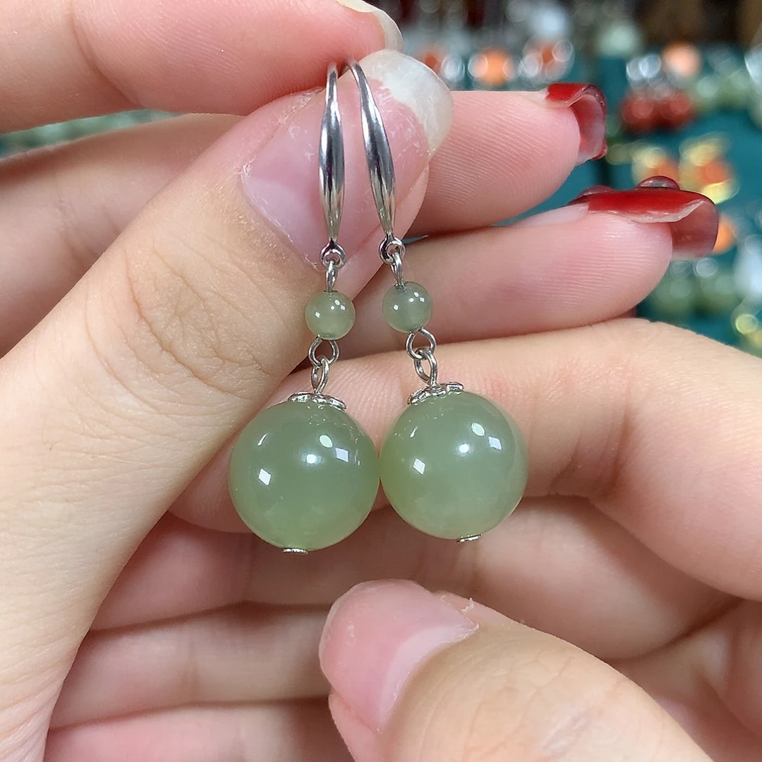 和田玉银S925镶嵌耳饰天然和田玉卡12mm左右