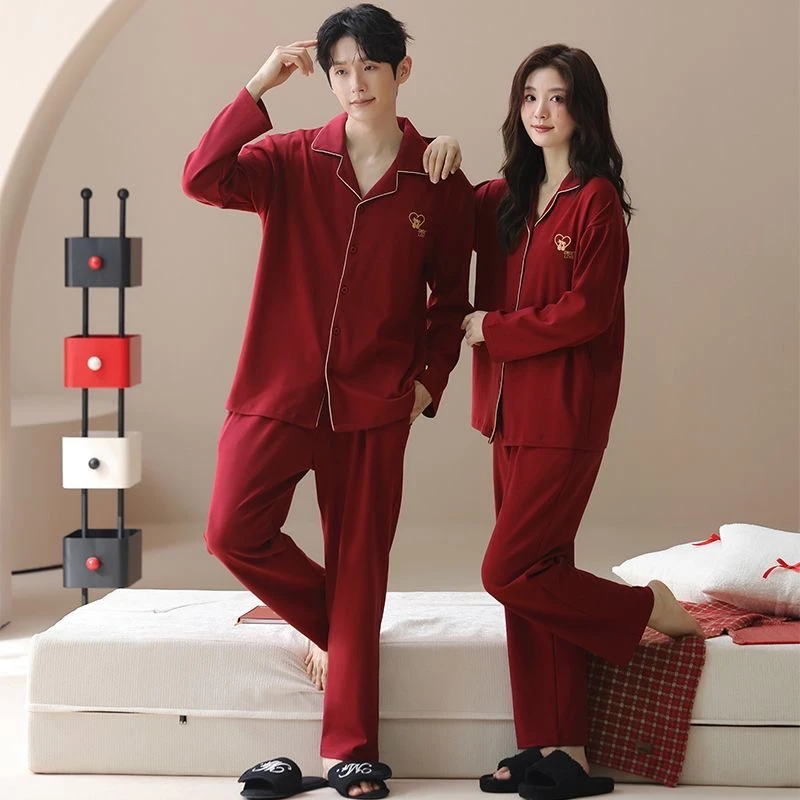 加大码拉架棉情侣红色睡衣女春秋季长袖结婚新婚本命年男士家居服