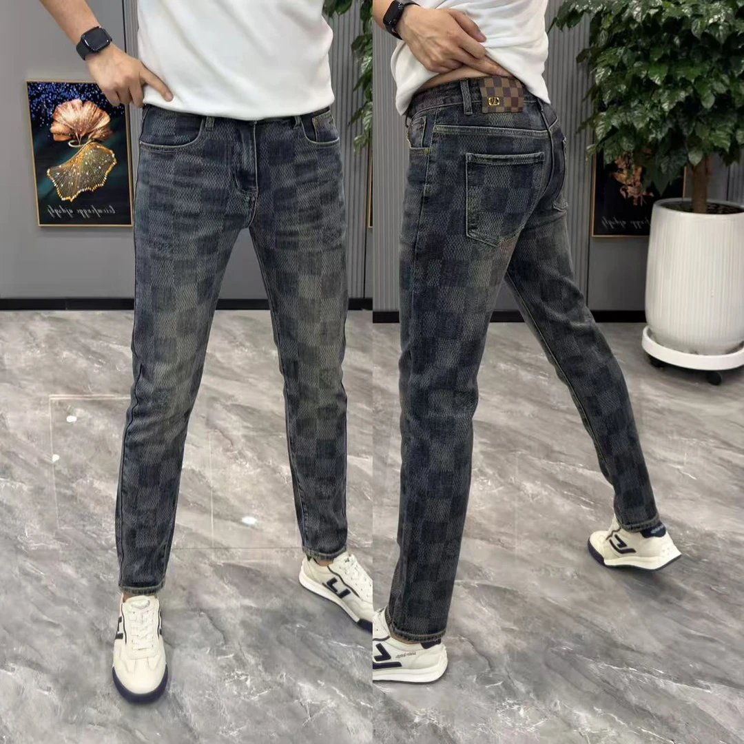 牛仔裤男时尚格子拼接秋季长裤男弹力显瘦韩版小脚裤舒适百搭裤子