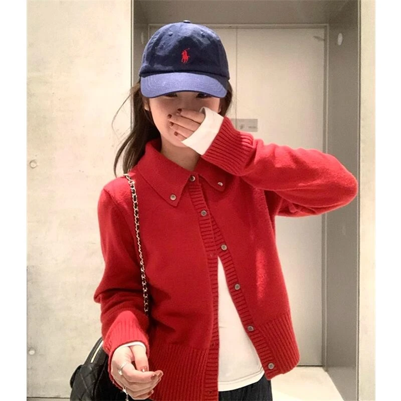 新年红色polo领毛衣女秋冬季设计感软糯短款长袖针织开衫外套上衣