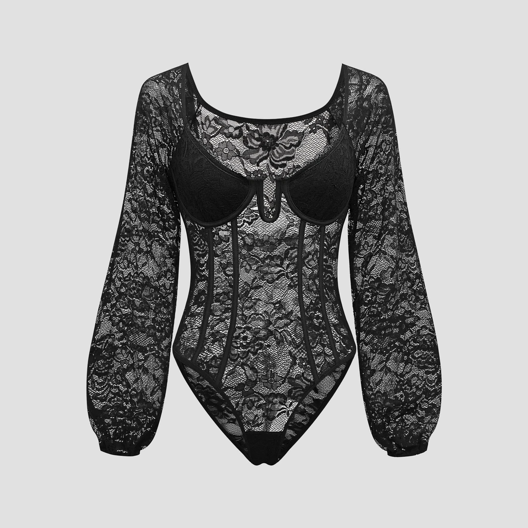 （清仓）蕾丝镂空性感透视深V设计感灯笼袖修身连体衣