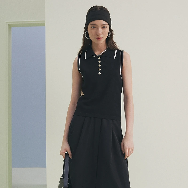 firststation时尚百搭翻领修身撞色无袖针织衫女25春新款9022A