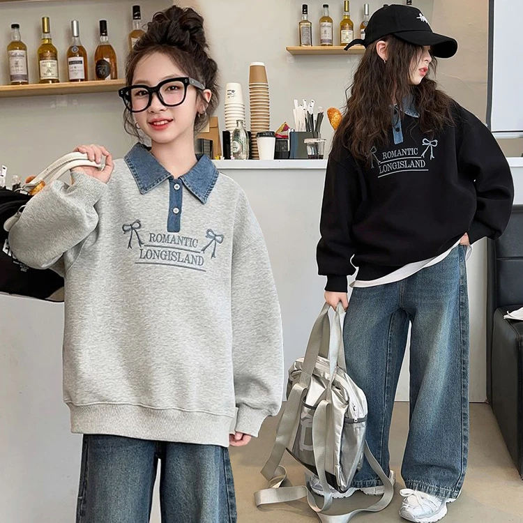 女童冬装2025秋冬新款童装韩版休闲宽松翻领卫衣女中大童洋气上衣