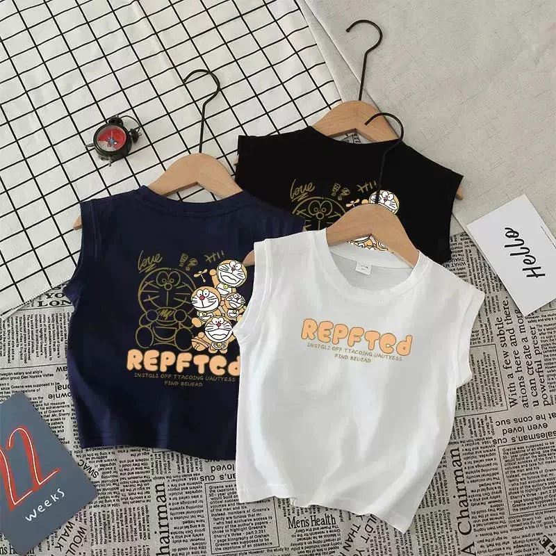 纯棉儿童无袖背心T恤夏季新款卡通叮当猫男女童装中小童宝宝上衣