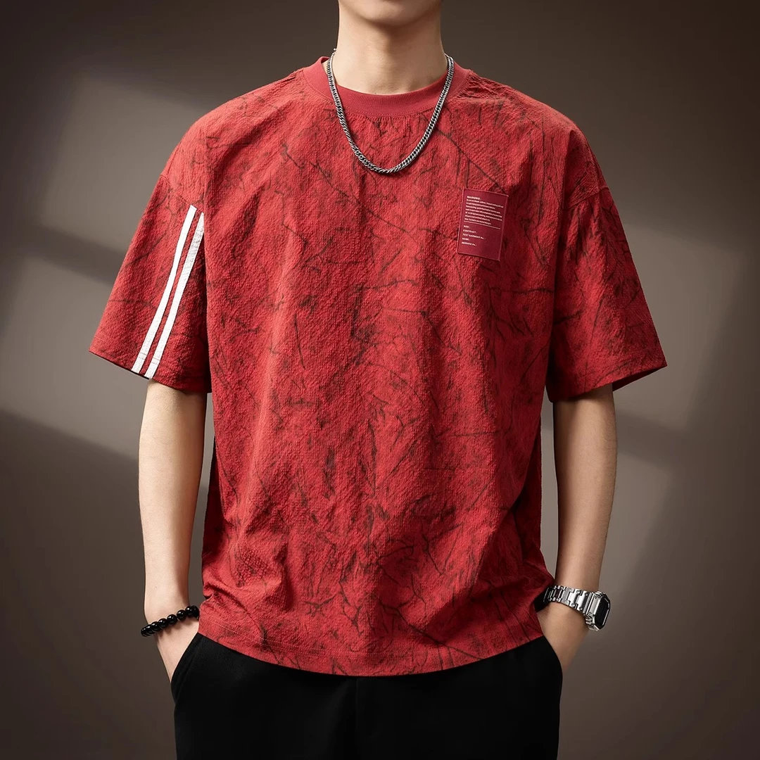 FMUHOX/放牧火星高端冰丝条纹短袖T恤男士夏季薄款宽松圆领五分袖