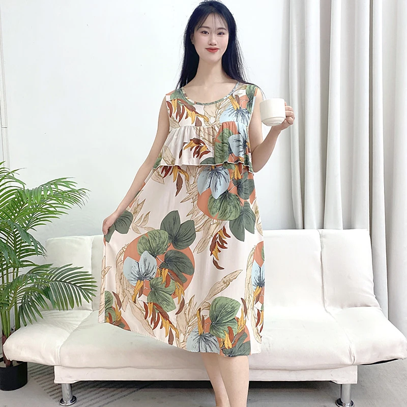 无袖防凸点大版睡裙睡衣女夏季薄款可外穿家居服印花连衣裙Y113