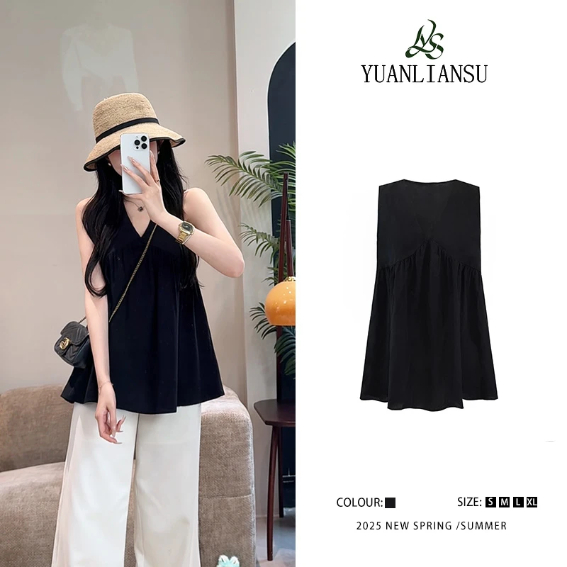 YUANLIANSU/圆脸酥【溪畔听风】法式高级感宽松黑色无袖衬衫女夏季