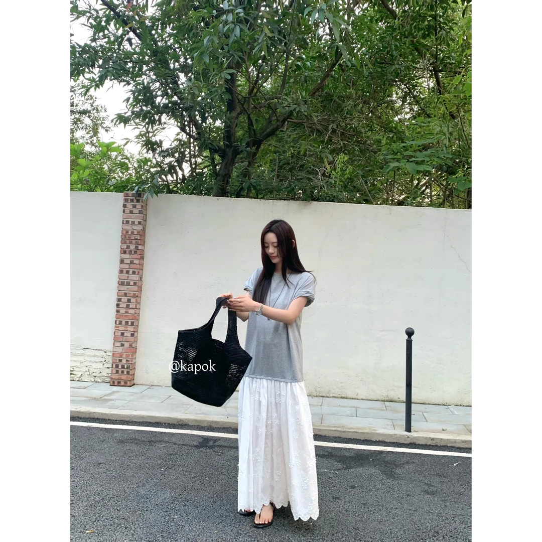 25261#KAPOK#松弛宽松假两件设计感拼接立体花连衣裙(福利)