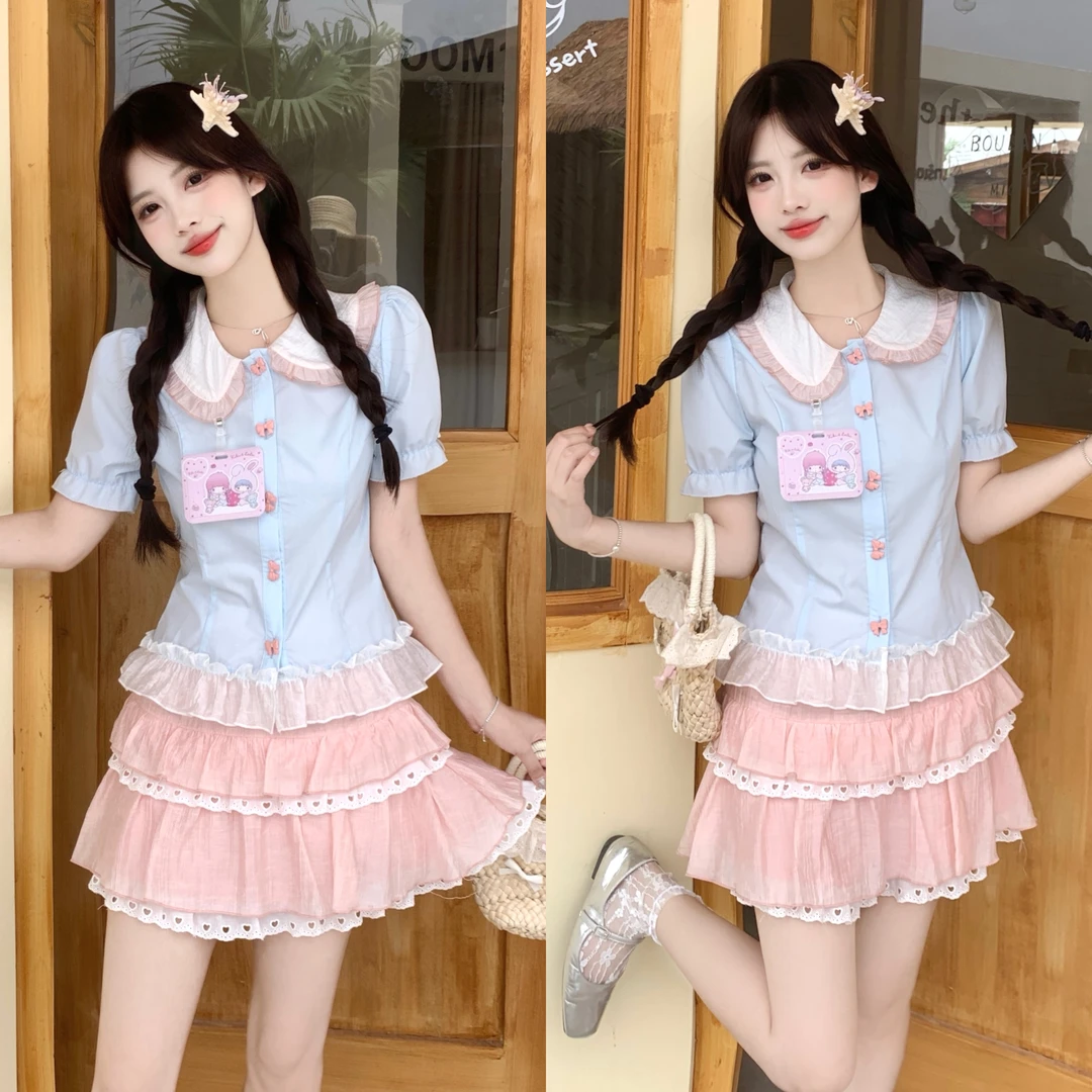 【瑶瑶玉兔】胖mm夏日指挥官甜妹学院风蓝撞粉衬衫蛋糕裙约会两件套