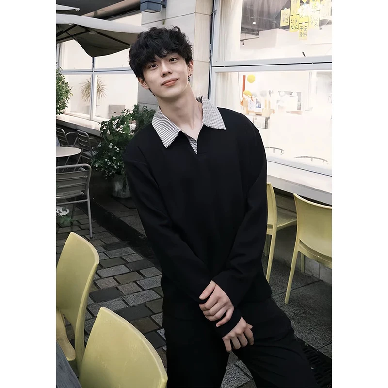 千鸟格拼接长袖polo衫男款高质感内搭打底衫男生初秋穿搭正肩t恤