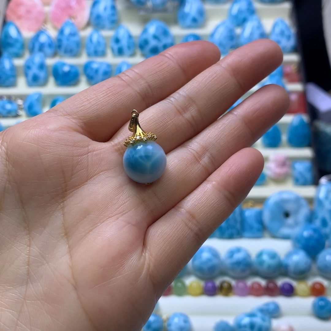 针钠钙石（海纹石）银S925镀金镶嵌颈饰