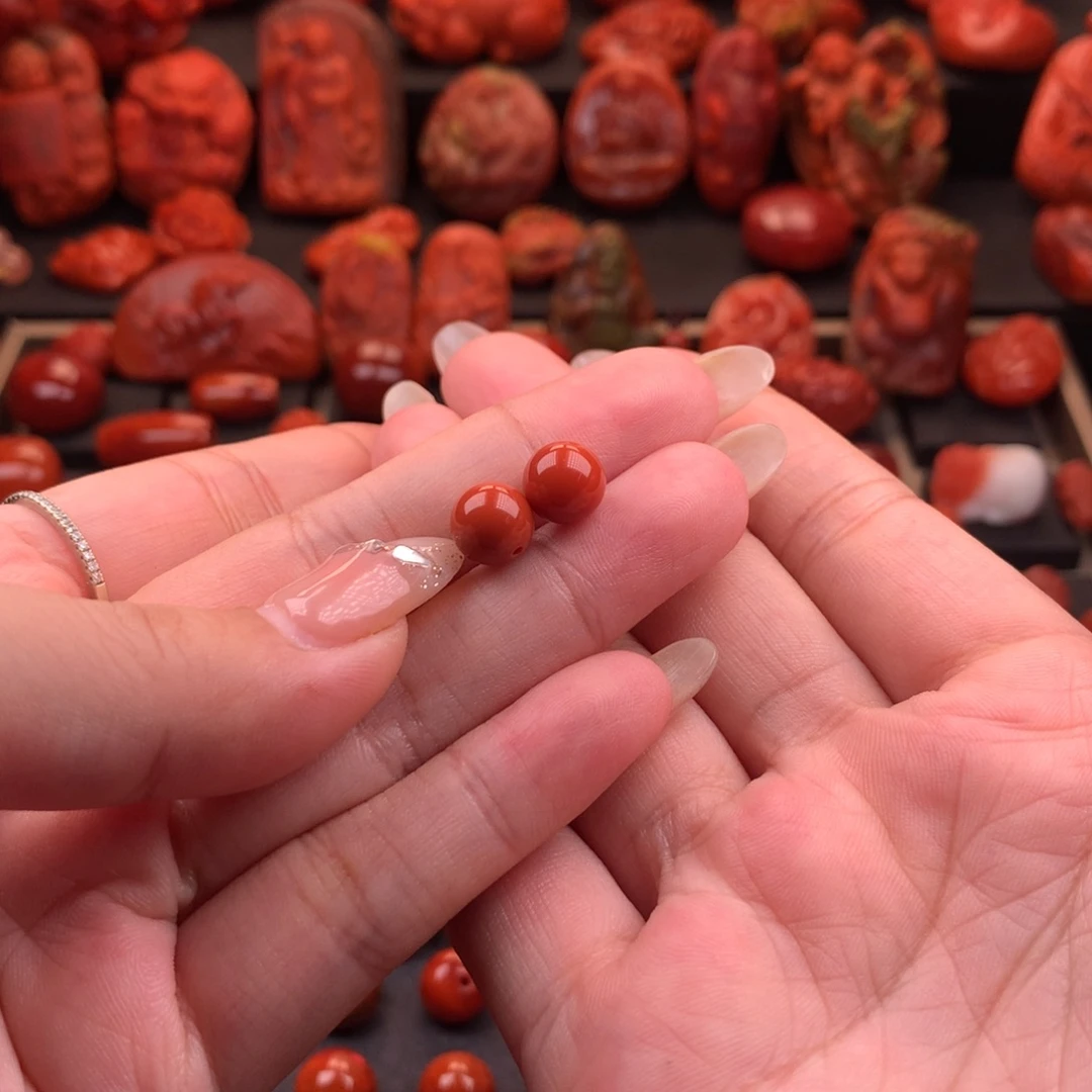 大***桥南红玛瑙未镶嵌原矿高品圆珠对珠8.3mm