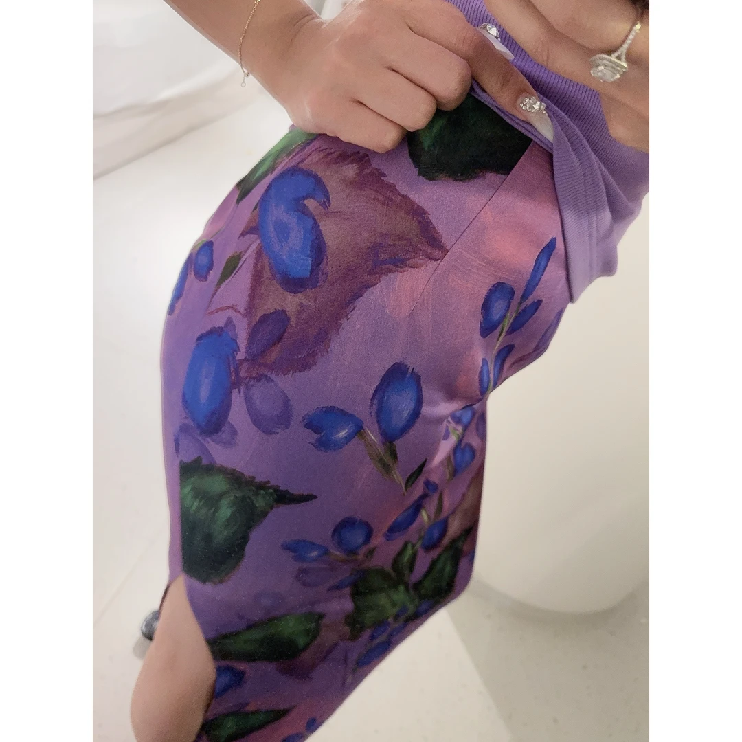 DUOMI【彩色帝国】紫绿粉黄红五色花朵侧开叉半裙