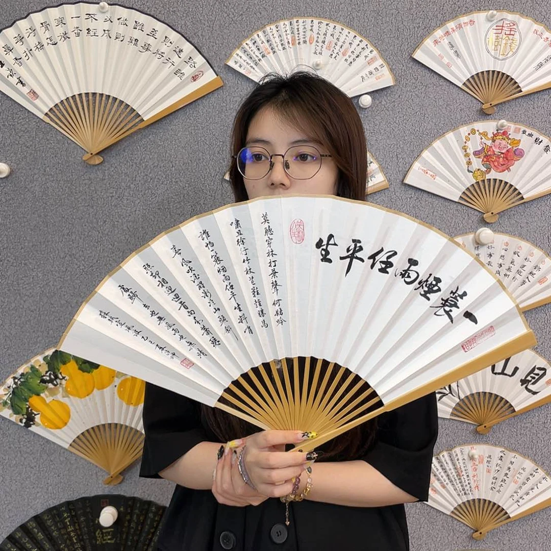 书法95寸玉竹-纯手绘-文玩扇骨（默认粘好）