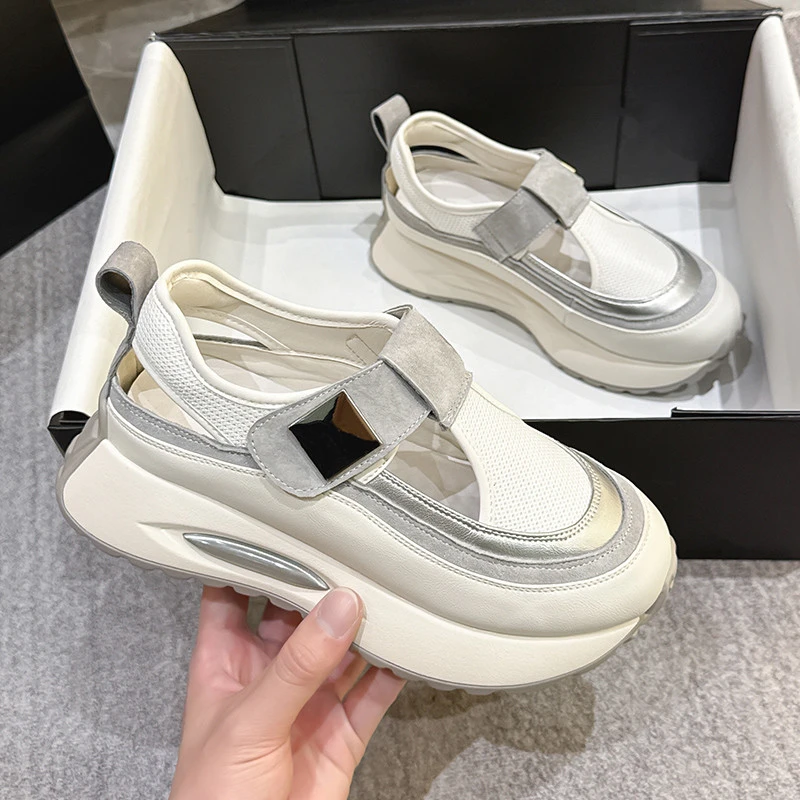 镂空包头运动凉鞋女2025夏季新款魔术贴网面透气小白鞋厚底老爹鞋