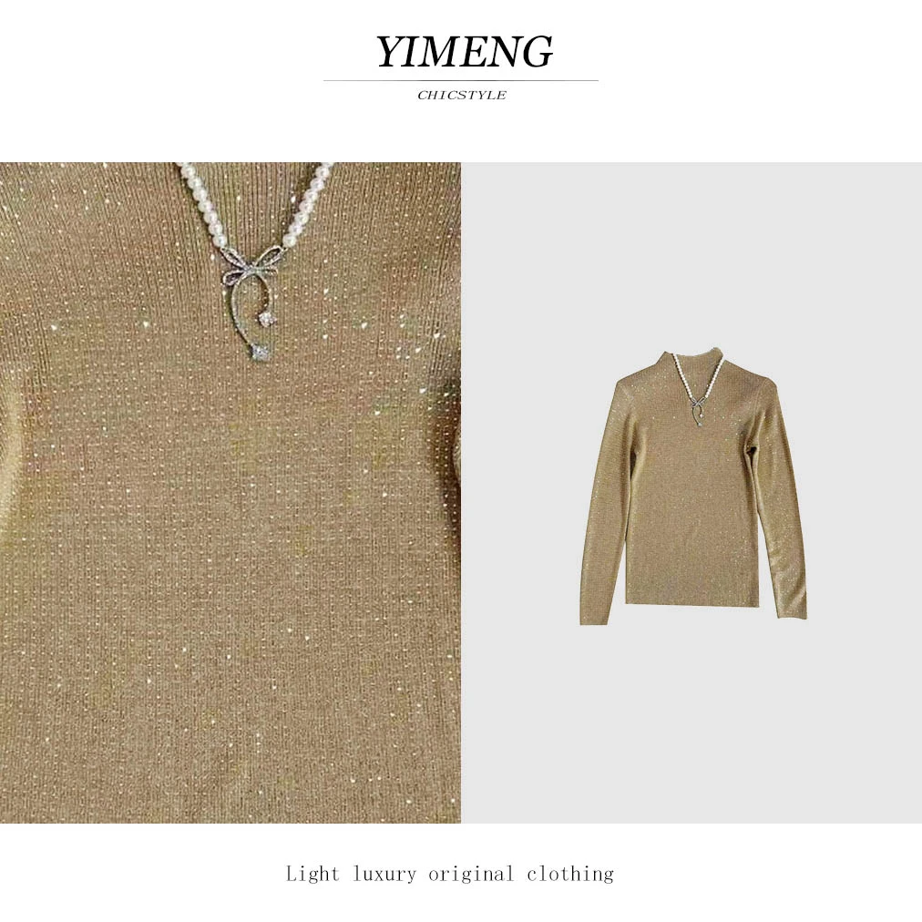 YIMENG/逸梦【摩卡奶糖】气质秋冬杏色重工满钻半高领长袖针织T恤