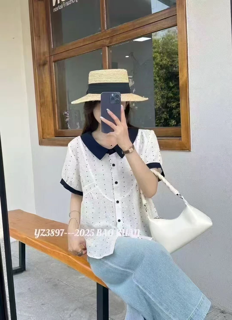25-52新款波点娃娃领宽松显瘦遮肚子减龄女士衬衫