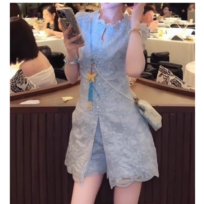 新中式气质优雅镂空刺绣旗袍连衣裙短裤女装2025夏季新款国风套装