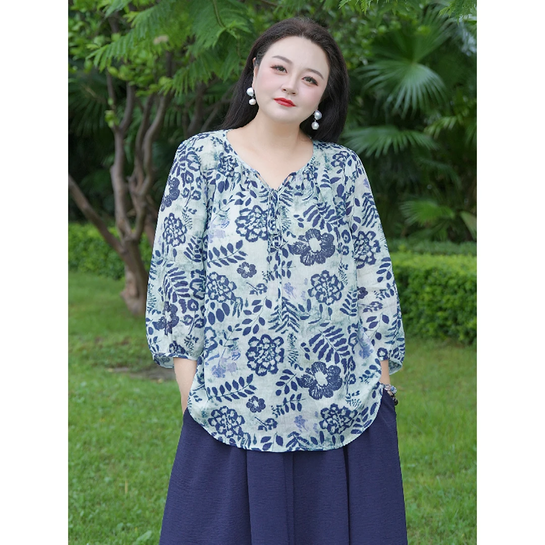 【悠然自得】MsShe大码女装夏装天丝苎麻印花系带小衫J~B2506002