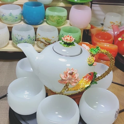 羊脂玉瓷琉璃中式珐琅彩年年有余一壶六杯礼盒套装