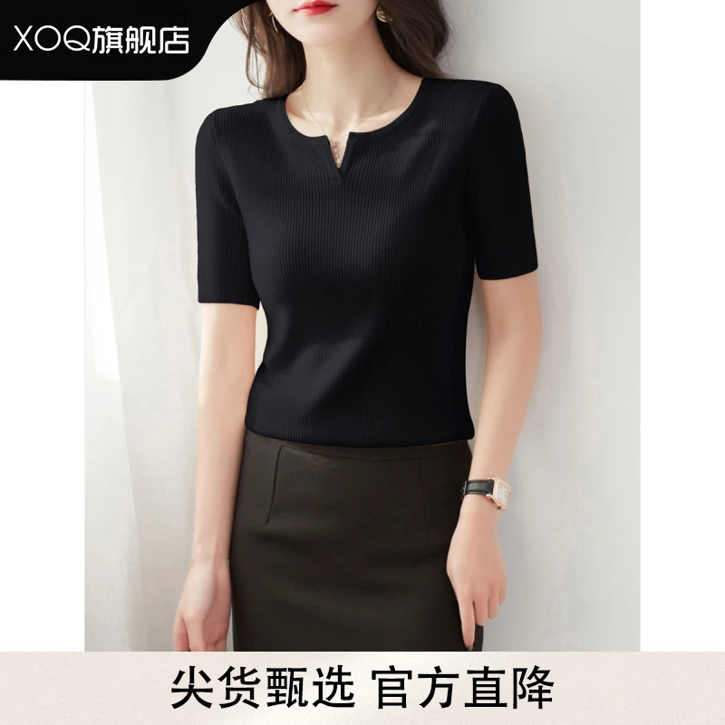 XOQ官方时尚小v领短袖上衣打底女夏季薄款坑条气质t恤冰丝针织衫