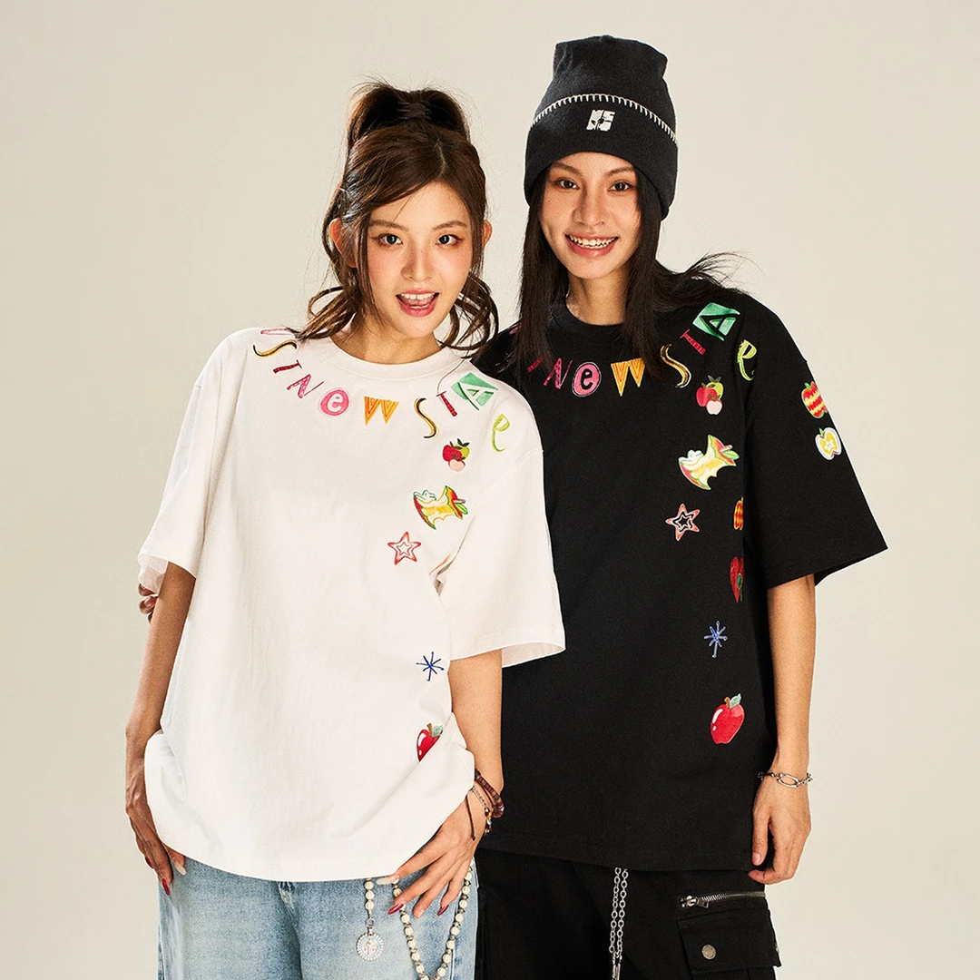 NSTNEW START发芽计划美式趣味苹果贴纸印花短袖T恤潮牌半袖上衣