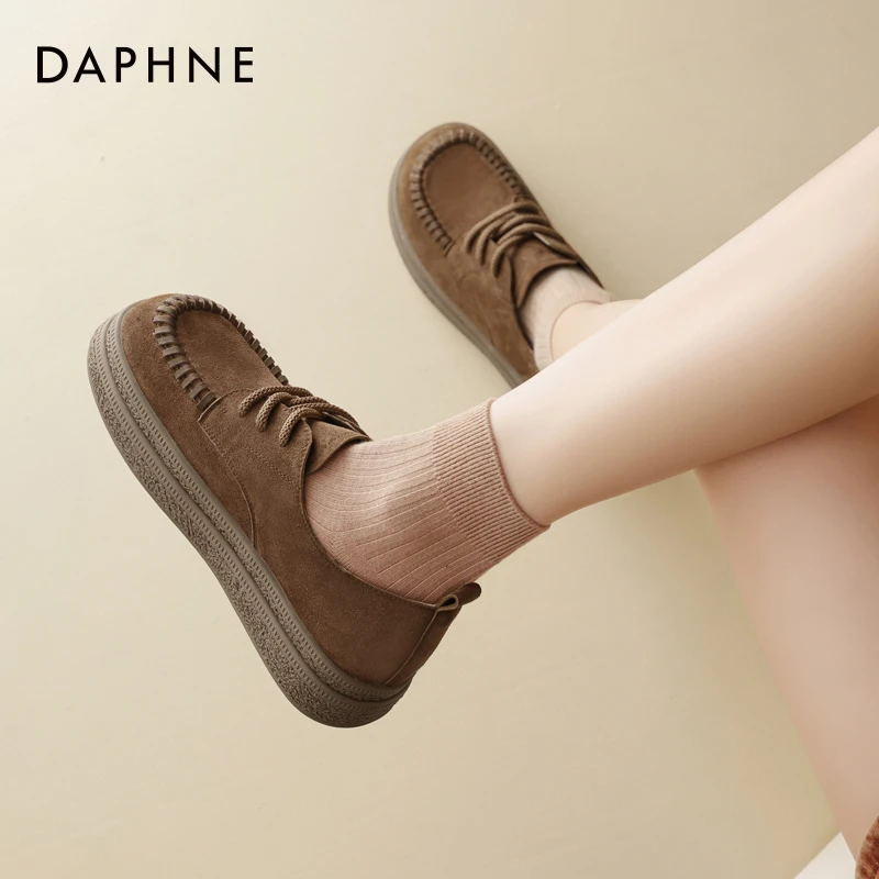 达芙妮网红爆款厚底勃肯鞋秋季棕色复古单鞋软底百搭系带德比鞋女