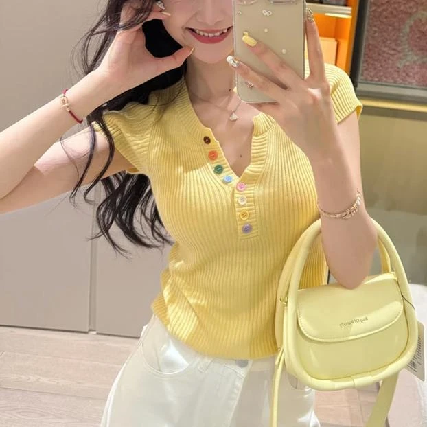 韩版V领彩色纽扣短袖针织衫女2025夏季新款百搭针织T恤短款上衣