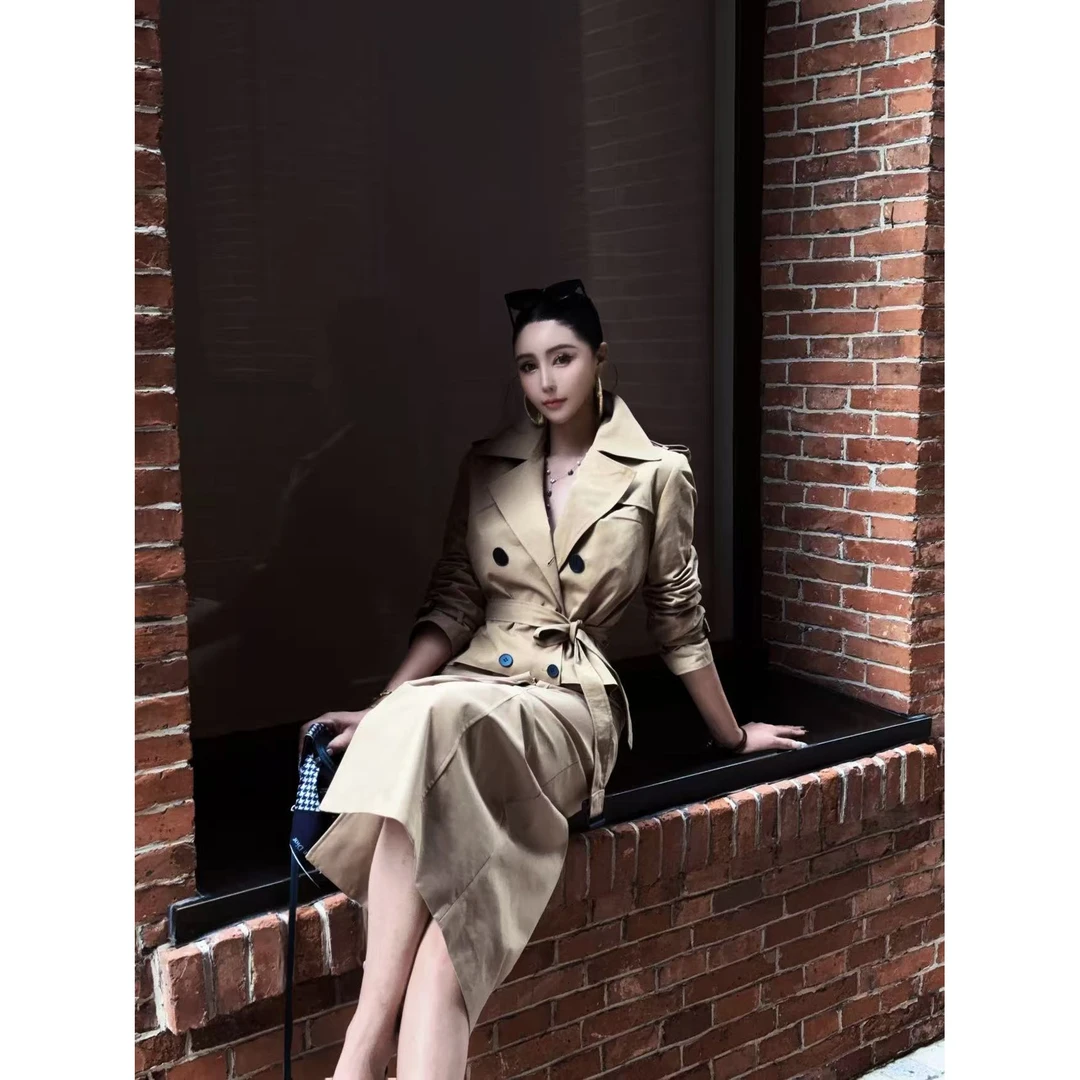 DIYI【气质女王】咖色大翻领腰带黑扣风衣上衣半裙套装