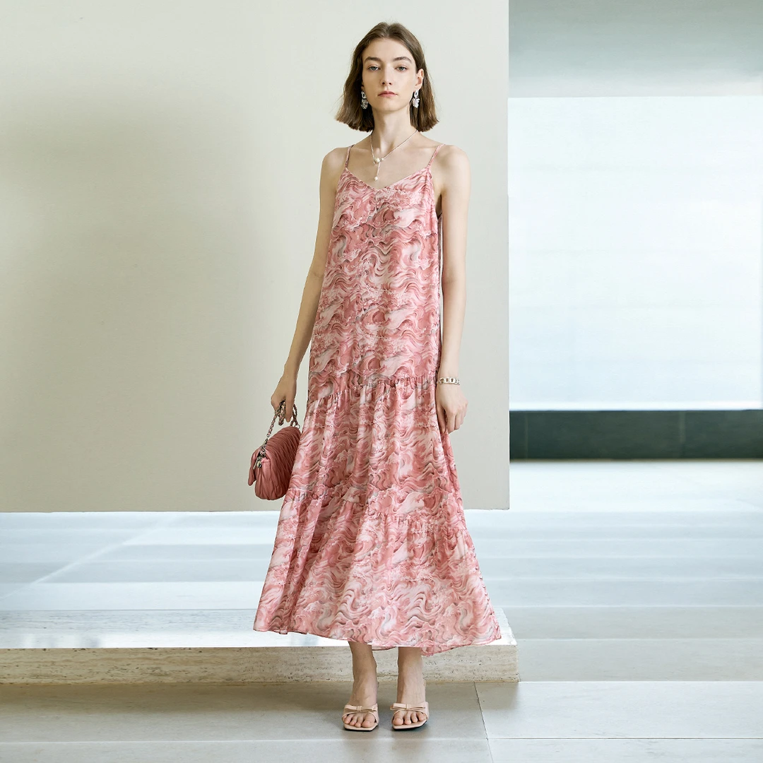 颜域印花吊带连衣裙女2025夏新款过膝复古度假风气质拼接长裙1115