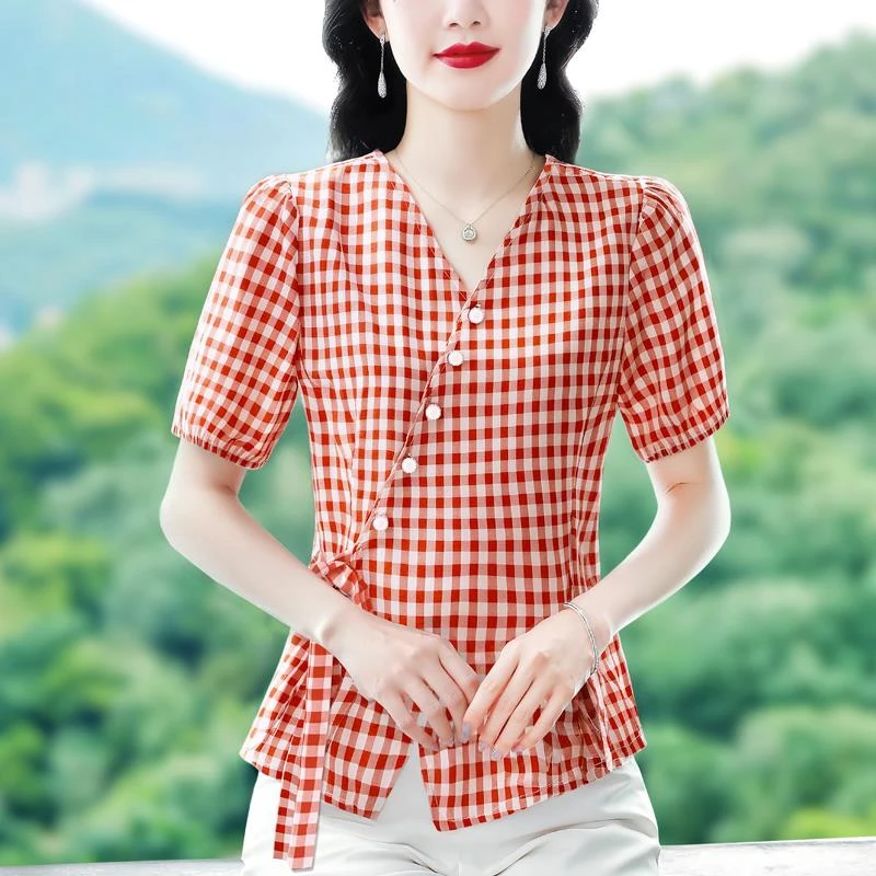 韩版时尚交叉V领短袖衬衫女士夏装新款气质优雅洋气格纹收腰小衫