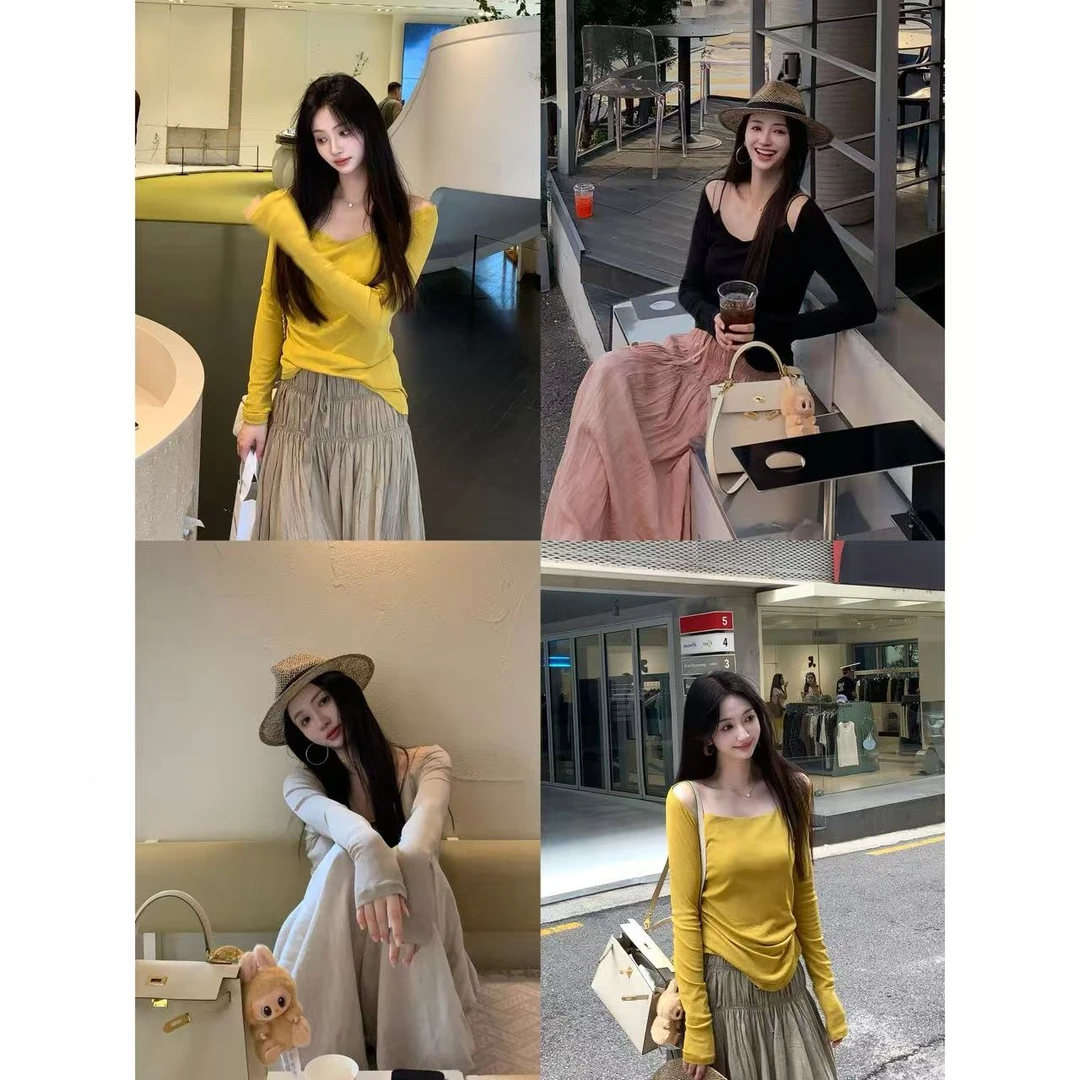 JING【别出心裁】独特漂亮设计感百搭露肩方领纸片人假两件T恤修身