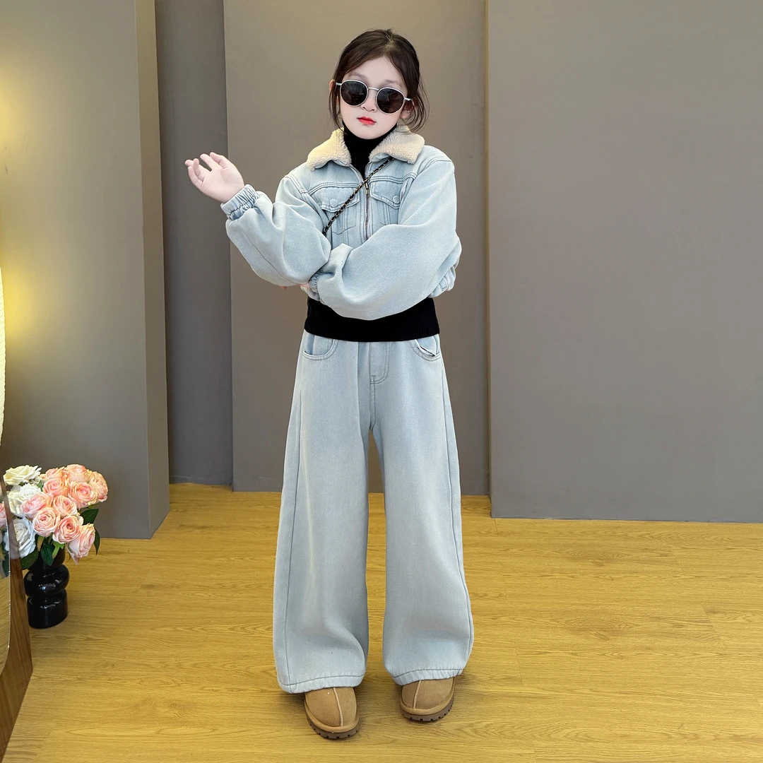 女童2025新款儿童秋冬季加绒加厚韩版时尚牛仔套装新品潮流款套装