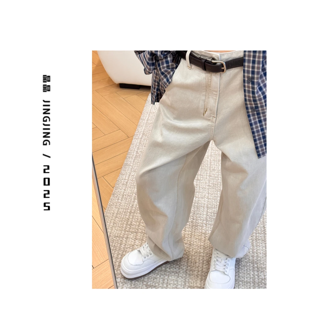 XIAOJING【山野】早秋中高腰显瘦百搭水洗立体设计感弯刀裤